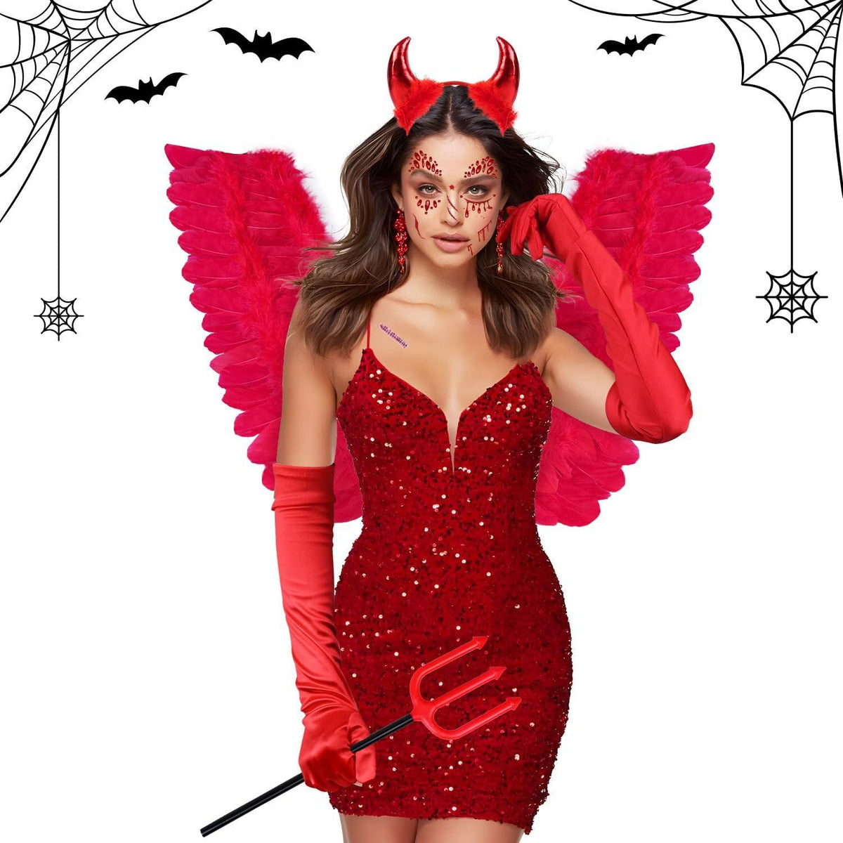 Teufel Kostüm Damen Mädchen Teufel Flügel Haarreif Hörner Halloween Karneval Fasching