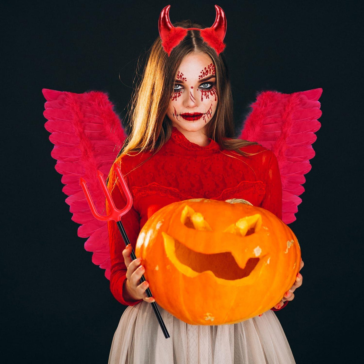 iZoeL Teufel Kostüm Damen Mädchen Teufelsflügel Heugabel Handschuhe Karneval