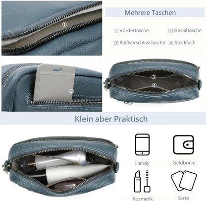 Damen Crossbody Bag aus echtem Leder mit breitem Schultergurt - 3 Fächer, klein