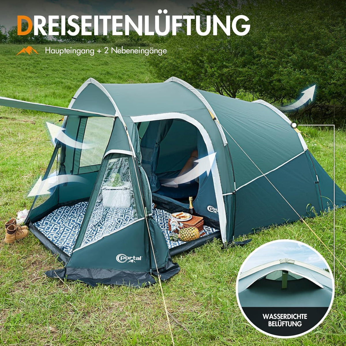 3 Personen Camping Zelt wasserdicht 3000mm mit Vorzelt Fenster