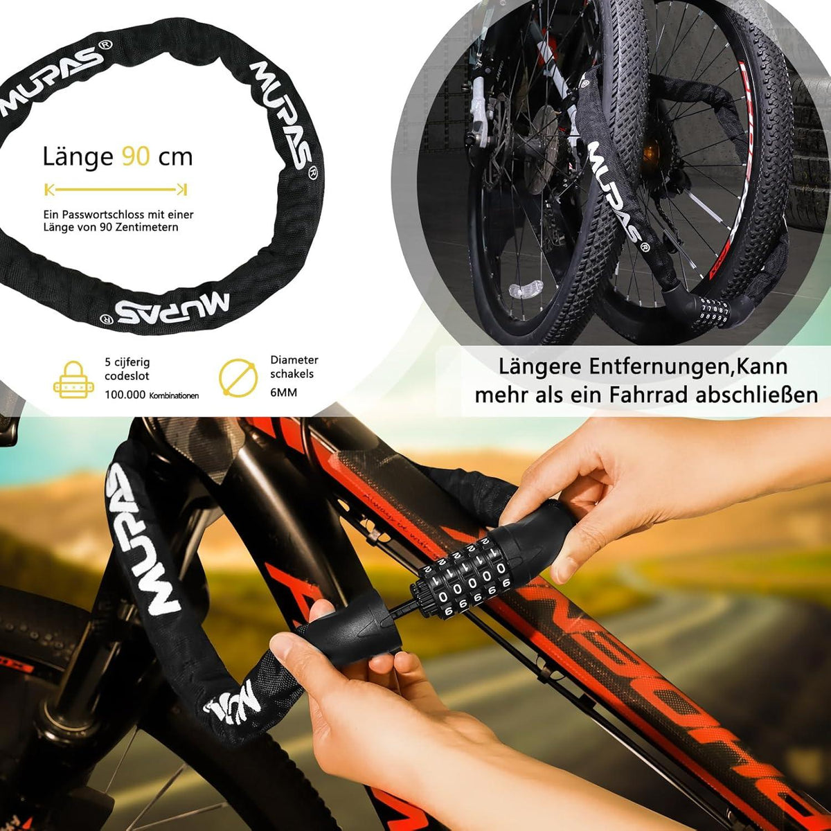 Fahrradschloss 5 stellig Zahlenschloss Stahl Anti-Diebstahl Kette