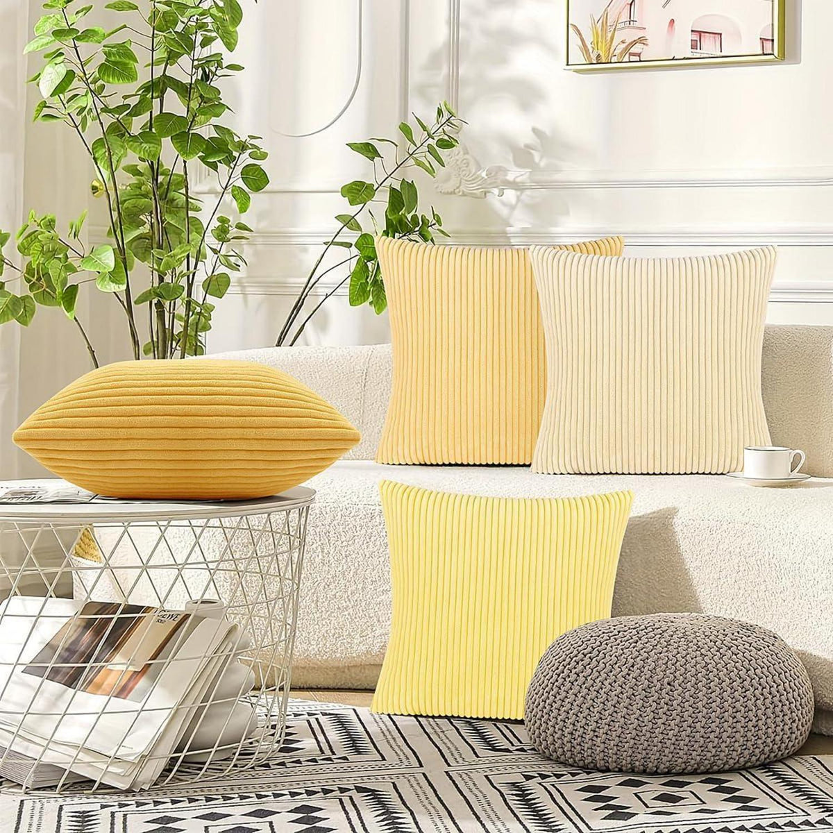 4er Set Kissenhülle Kordsamt Dekokissen Sofakissen Bezug Beige Gelb
