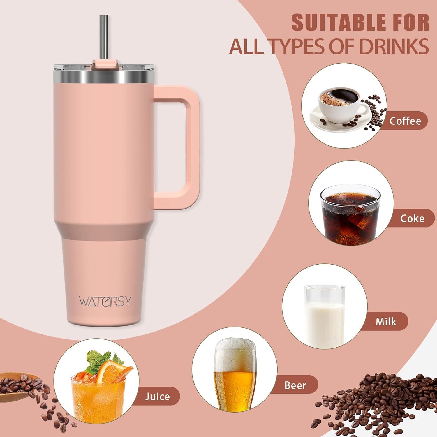 40oz Kaffeebecher to Go Thermobecher Edelstahl Pink mit Griff und Strohhalm