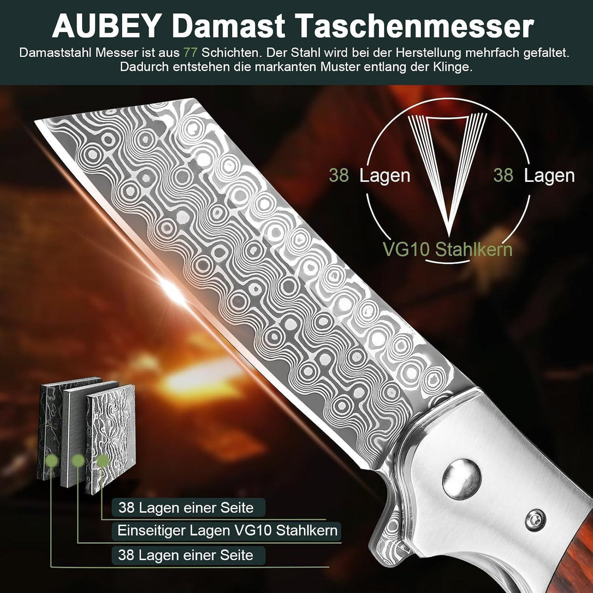 Damast Klappmesser – Outdoor Messer mit Holzgriff & Gürtelclip