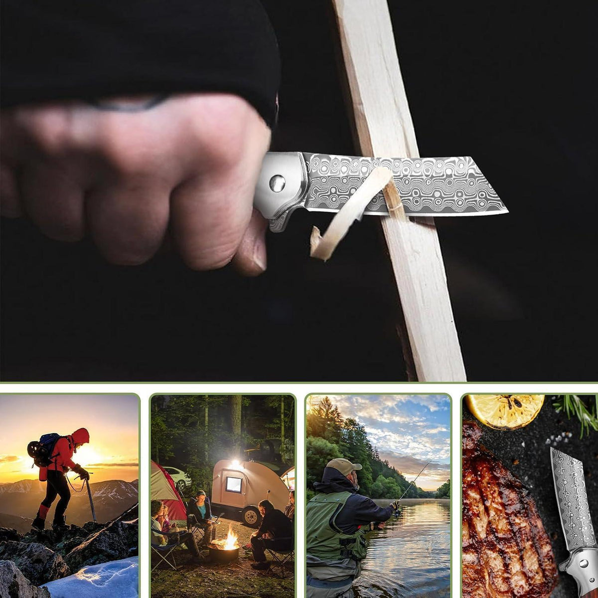 Damast Klappmesser – Outdoor Messer mit Holzgriff & Gürtelclip