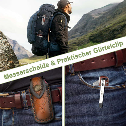 Damast Klappmesser – Outdoor Messer mit Holzgriff & Gürtelclip