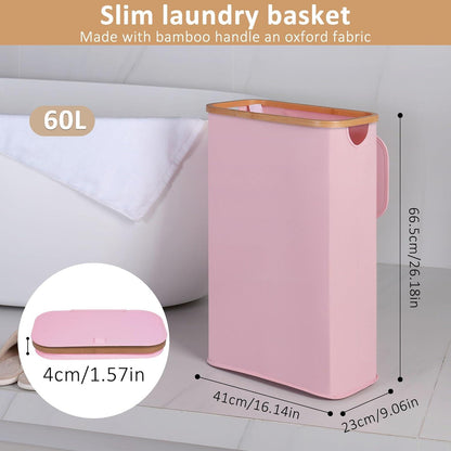 iEGrow Wäschekorb mit Deckel 60L - Faltbar & Schmal - Rosa
