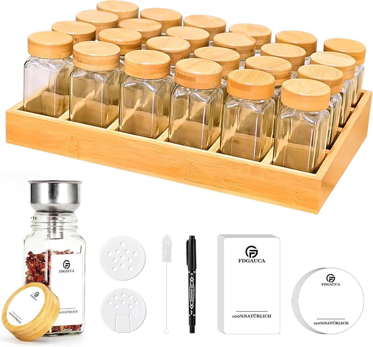 Umweltfreundliches Gewürzregal Bambus 24 Fächer 120ml-Gewürzgläser