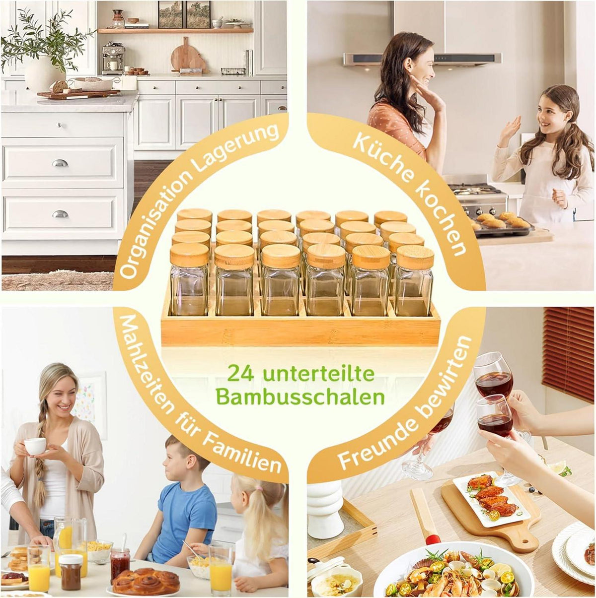 Umweltfreundliches Gewürzregal mit Bambusfächern und 24 Gläsern