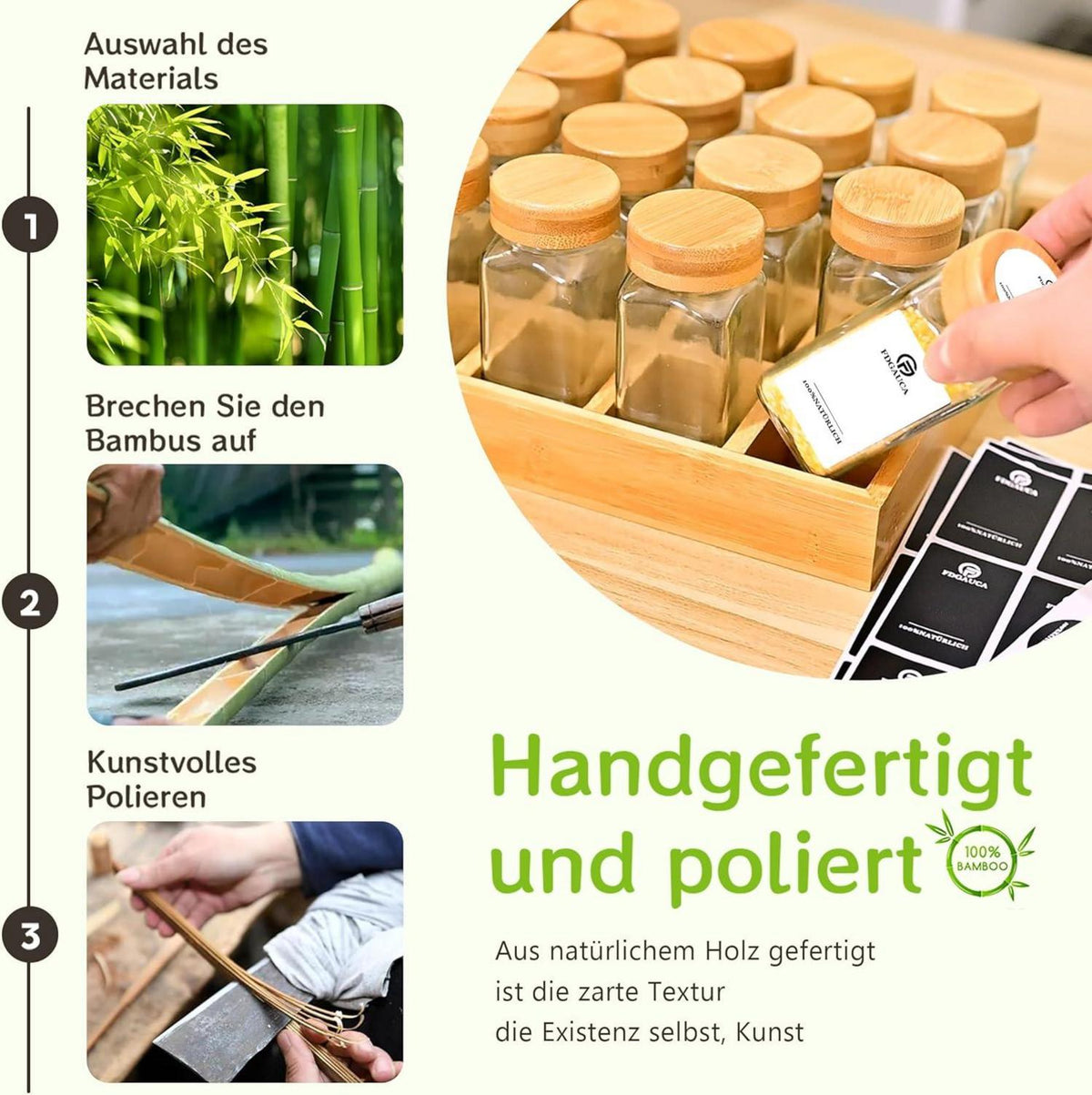 Umweltfreundliches Gewürzregal aus Bambus mit 24 Gläsern und Etiketten