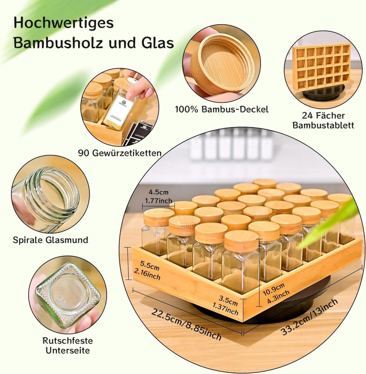 Umweltfreundliches Gewürzregal Holz mit 24 Bambusfächern und 24