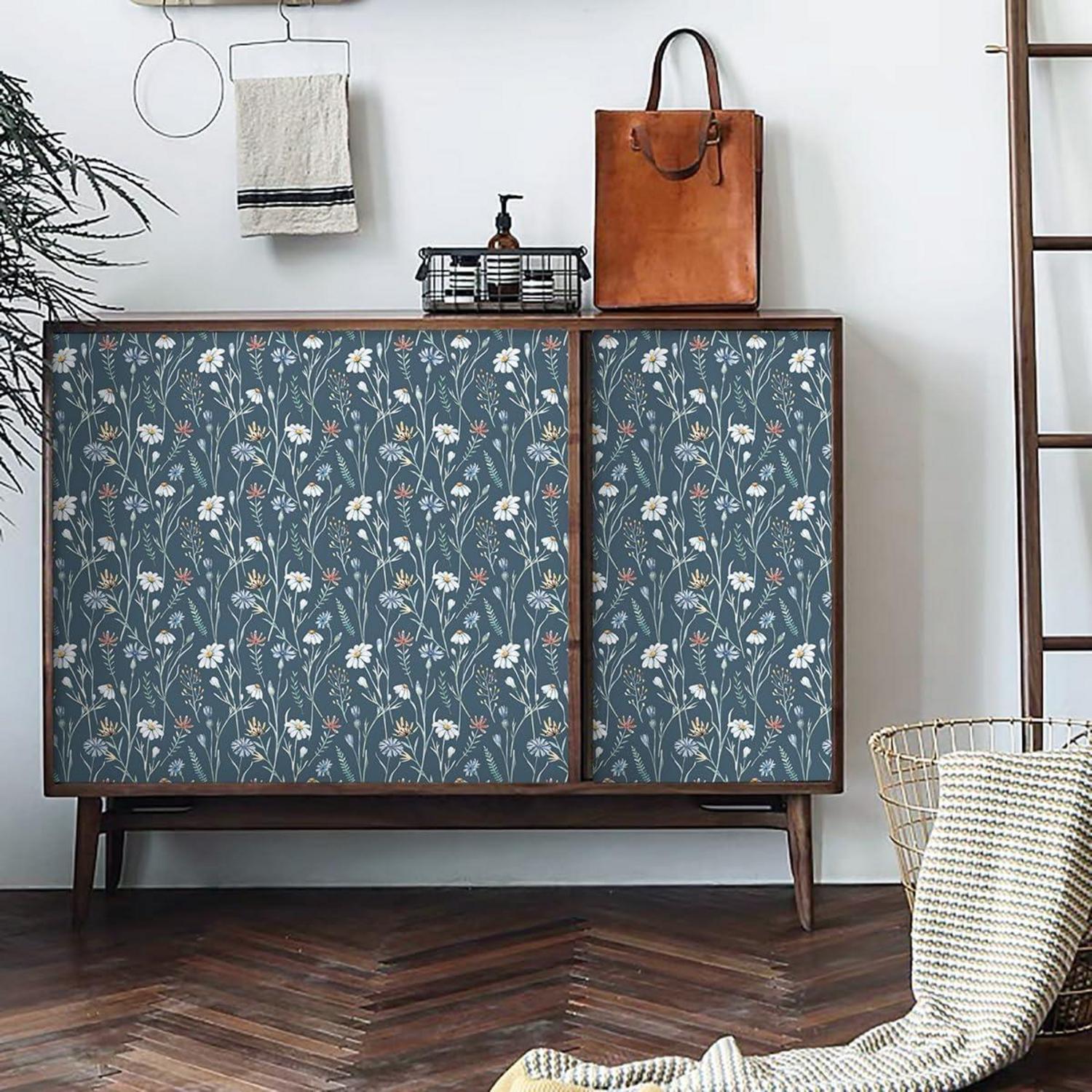 Selbstklebende Blaue Tapete 41×300cm Blumen Wasserdicht Vinyl Möbelfolie