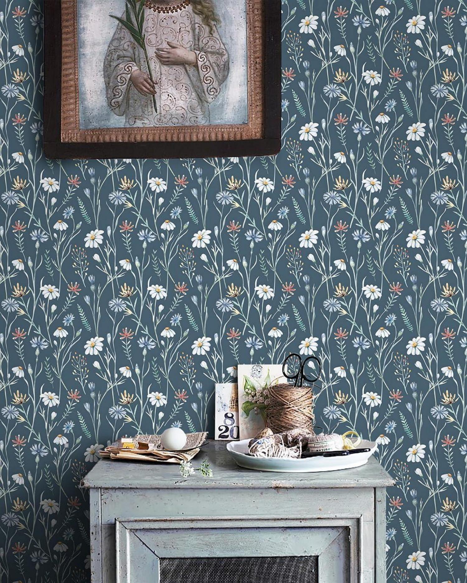 Selbstklebende Tapete Blau 41x300cm Blumen Vinyl Möbelfolie wasserfest