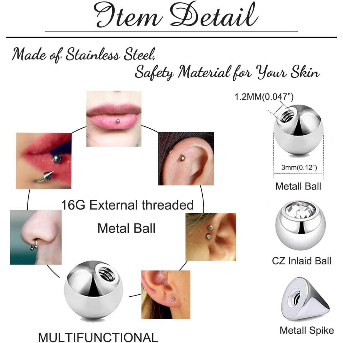 20er Ersatz Piercing Kugeln 1,2mm Stahl 3mm Schraubkugeln für Lippe Nase