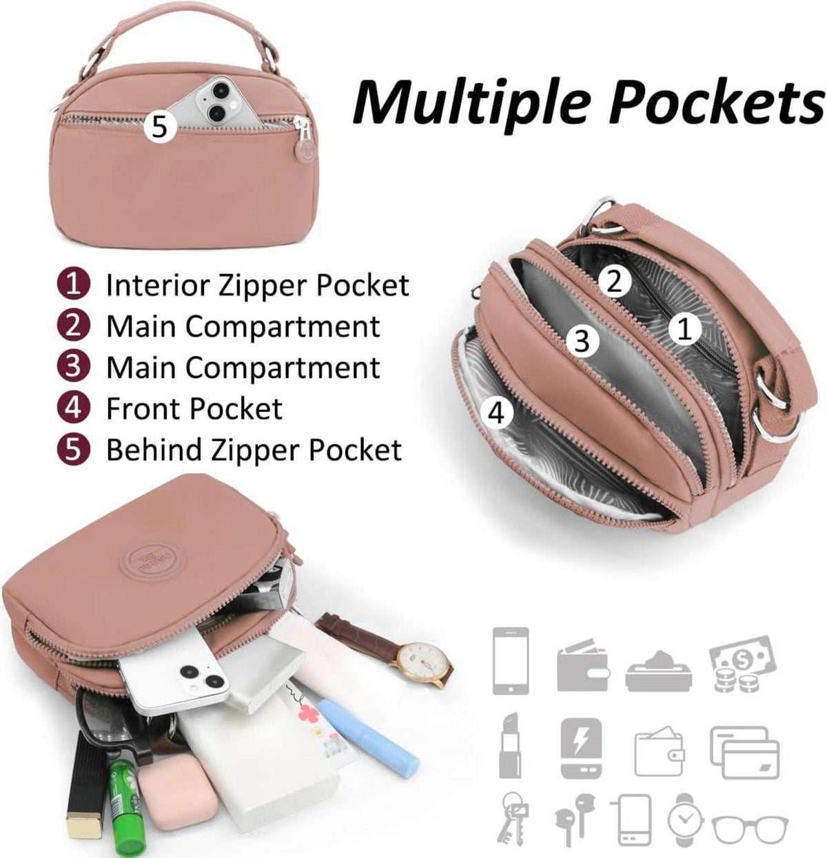 Umhängetasche Damen Nylon Crossbody Bag Rosa mit Mehreren Taschen