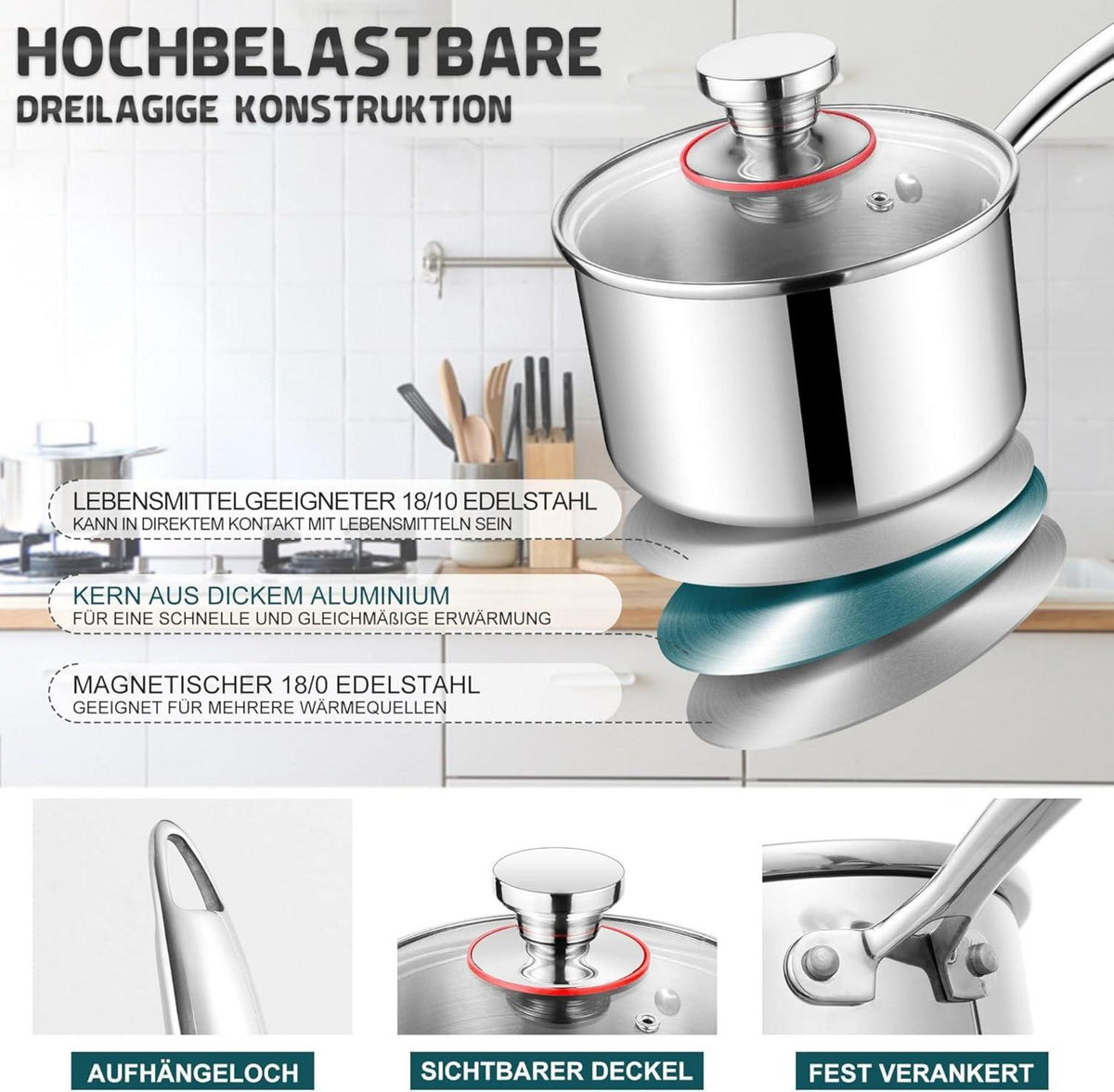 Stielkasserolle 16cm 3-Lagen Edelstahl mit Deckel 1,8L für alle