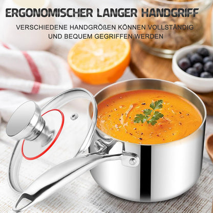 Kochtopf 16cm Edelstahl Stielkasserolle mit Glasdeckel 1,8L Induktion