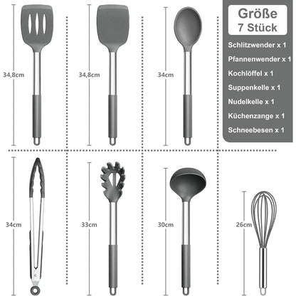Küchenhelfer Set 7-teilig Silikon, Grau, Hitzebeständig, Antihaft