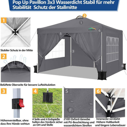 3x3m Faltpavillon wasserdicht & winterfest mit Seitenteilen