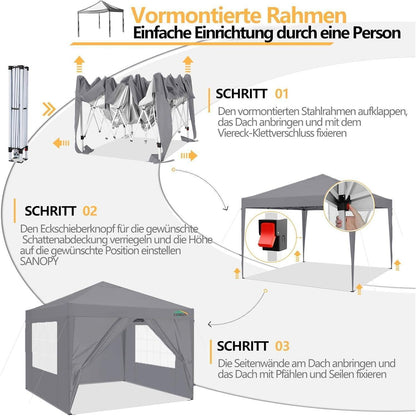 3x3m Faltpavillon wasserdicht & winterfest mit Seitenteilen