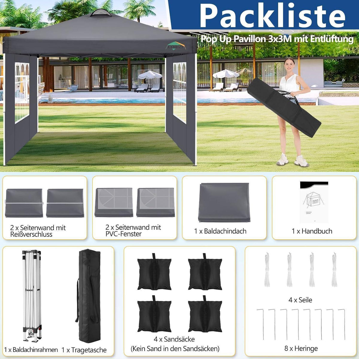 3x3m Faltpavillon wasserdicht & winterfest mit Seitenteilen