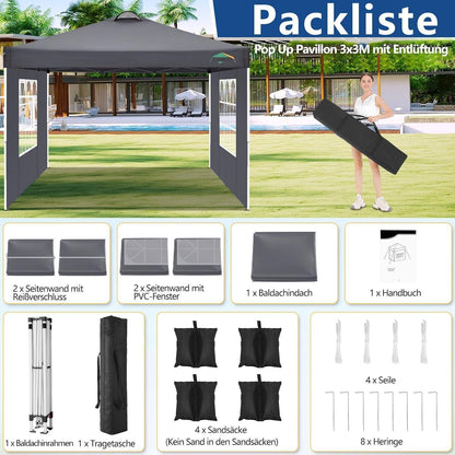 3x3m Faltpavillon wasserdicht & winterfest mit Seitenteilen
