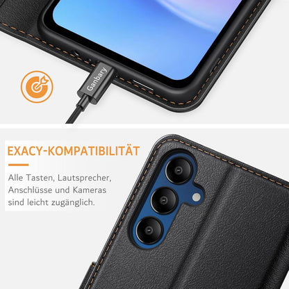 Leder Handyhülle für Samsung Galaxy A15 4G 5G - Schwarz