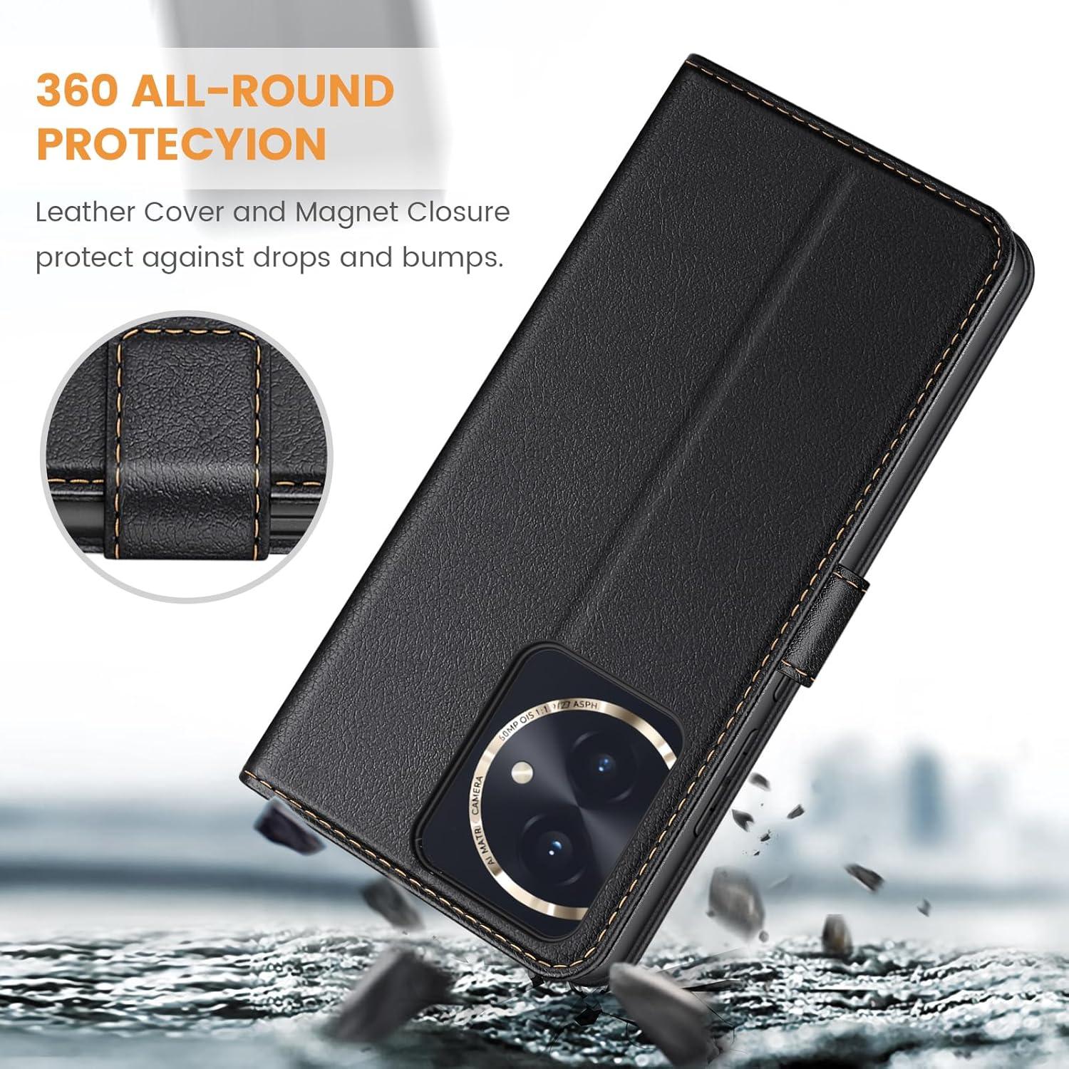 Honor 100 5G Handyhülle Schwarz Leder Klapphülle Standfunktion