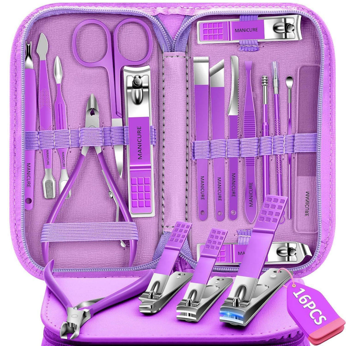 Maniküre-Pediküre-Set 16-teilig Edelstahl mit Etui Lila