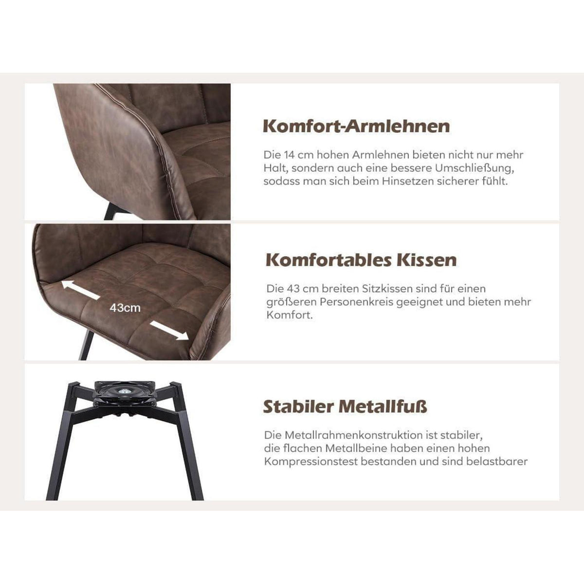 Drehbare Esszimmerstühle Set 4x Braun mit Armlehnen in Lederoptik