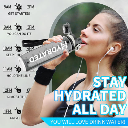 Mevoly Trinkflasche 1L BPA-frei Tritan Sportflasche Zeitmarkierung Dunkelgrau