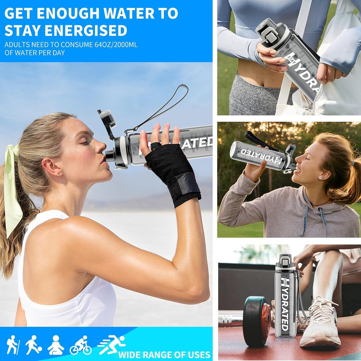 Mevoly Trinkflasche 1L BPA-frei Tritan Sportflasche Zeitmarkierung Dunkelgrau