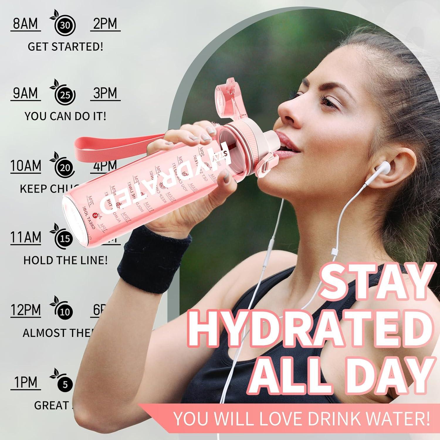 Mevoly Trinkflasche 1L BPA-Frei Tritan Zeitmarkierung Sportflasche 1000ml Rosa