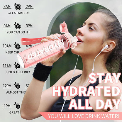 Mevoly Trinkflasche 1L BPA-Frei Tritan Zeitmarkierung Sportflasche 1000ml Rosa