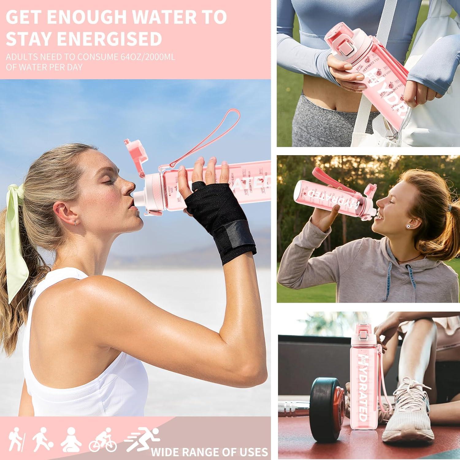 Mevoly Trinkflasche 1L BPA-Frei Tritan Zeitmarkierung Sportflasche 1000ml Rosa