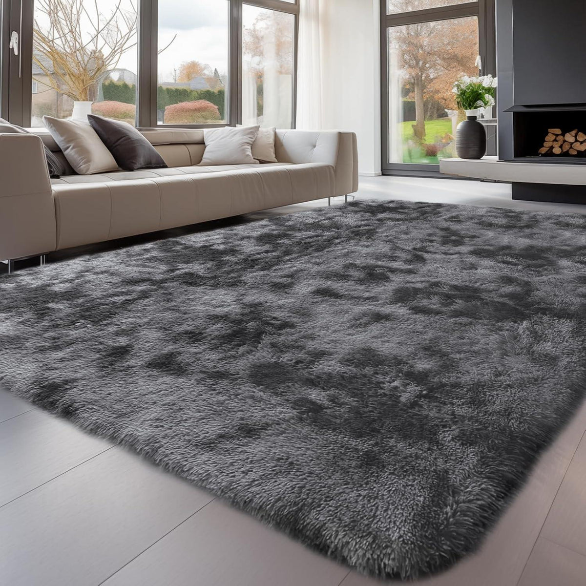 Hochflor Teppich Grau 200x300 Waschbar Anti-Rutsch Flauschig