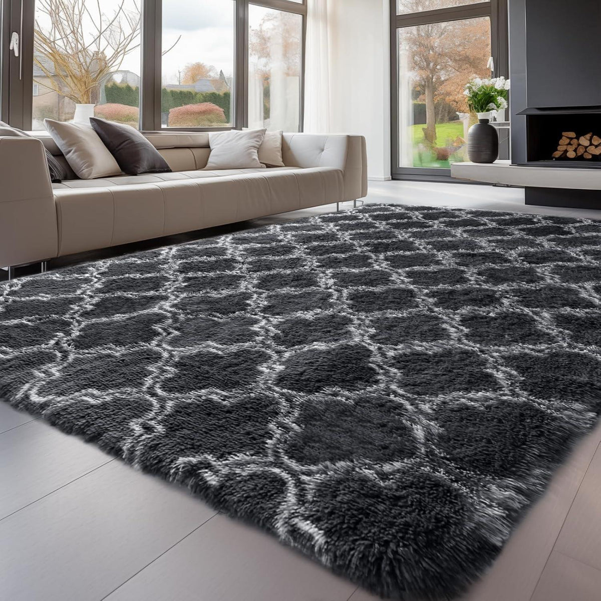 Hochflor Teppich Grau 200x300 - Flauschiger Wohnzimmerteppich