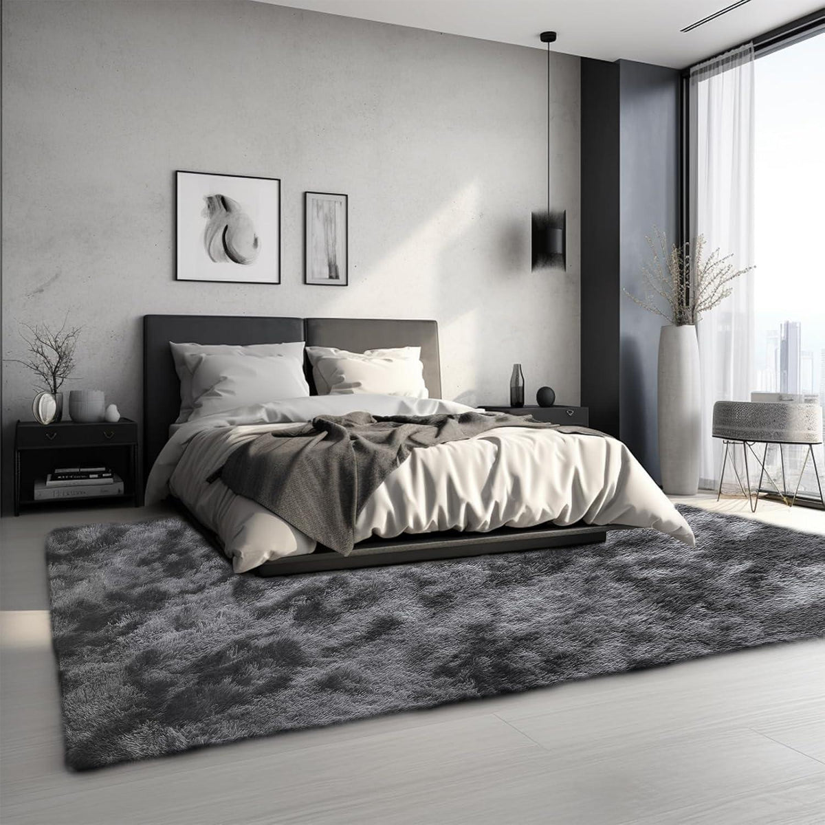 Hochflor Teppich Grau 240x300 - Flauschiger Wohnzimmerteppich Waschbar