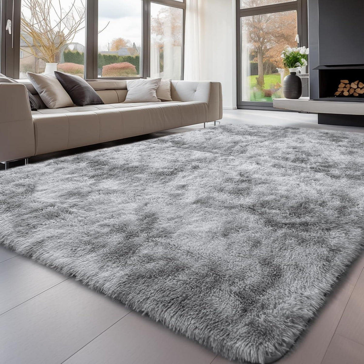 Hochflor Teppich Grau 240x300 – Flauschiger Wohnzimmerteppich Waschbar