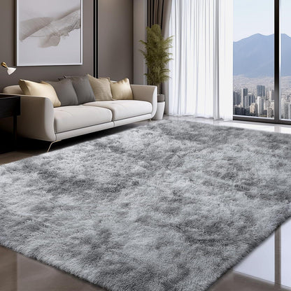 Hochflor Teppich Grau 240x300 – Flauschiger Wohnzimmerteppich Waschbar