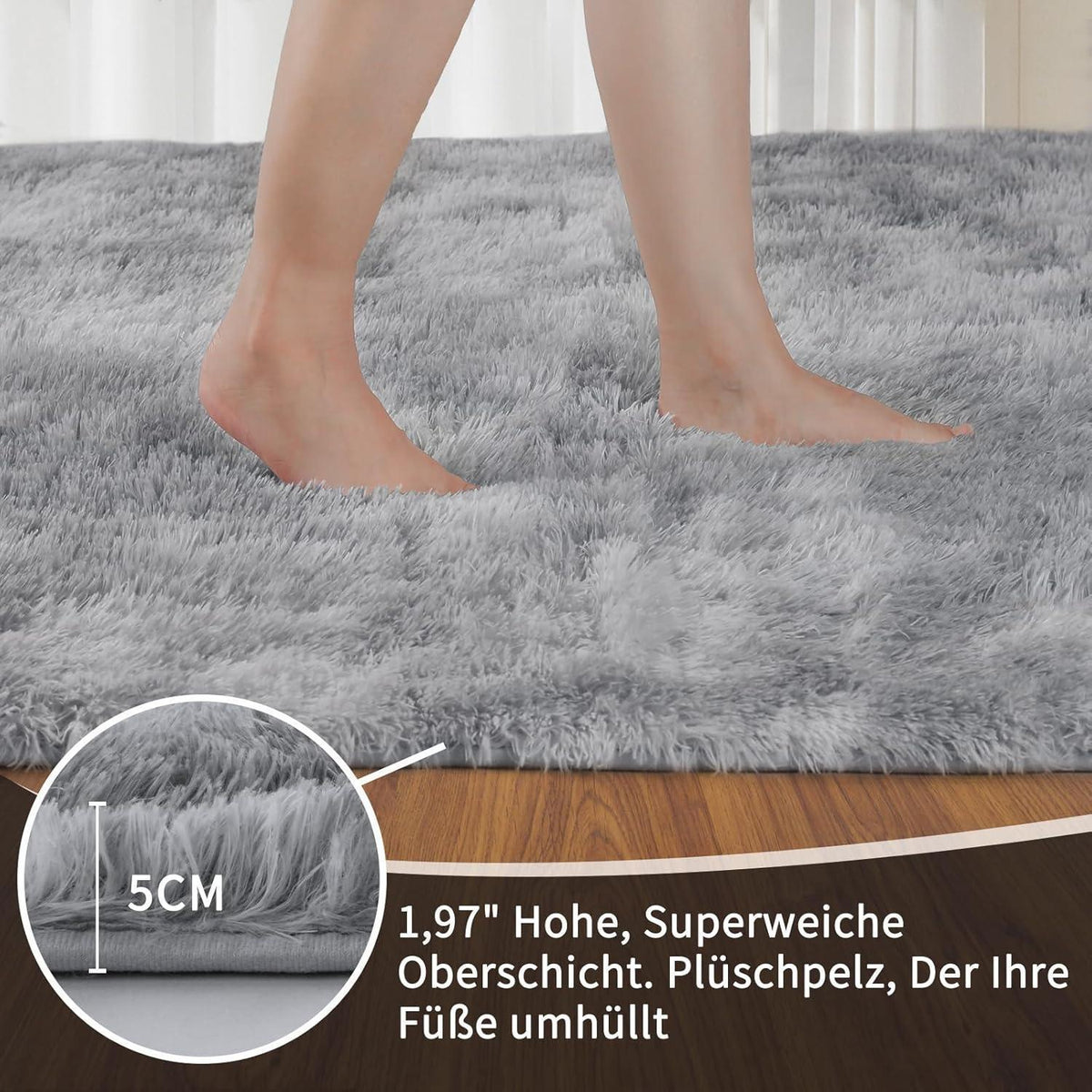 Hochflor Teppich Grau 200x300 – Flauschiger Wohnzimmerteppich Waschbar