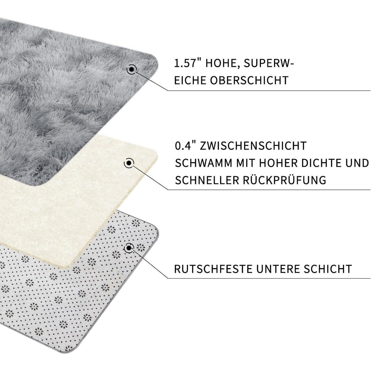 Hochflor Teppich Grau 200x300 – Flauschiger Wohnzimmerteppich Waschbar