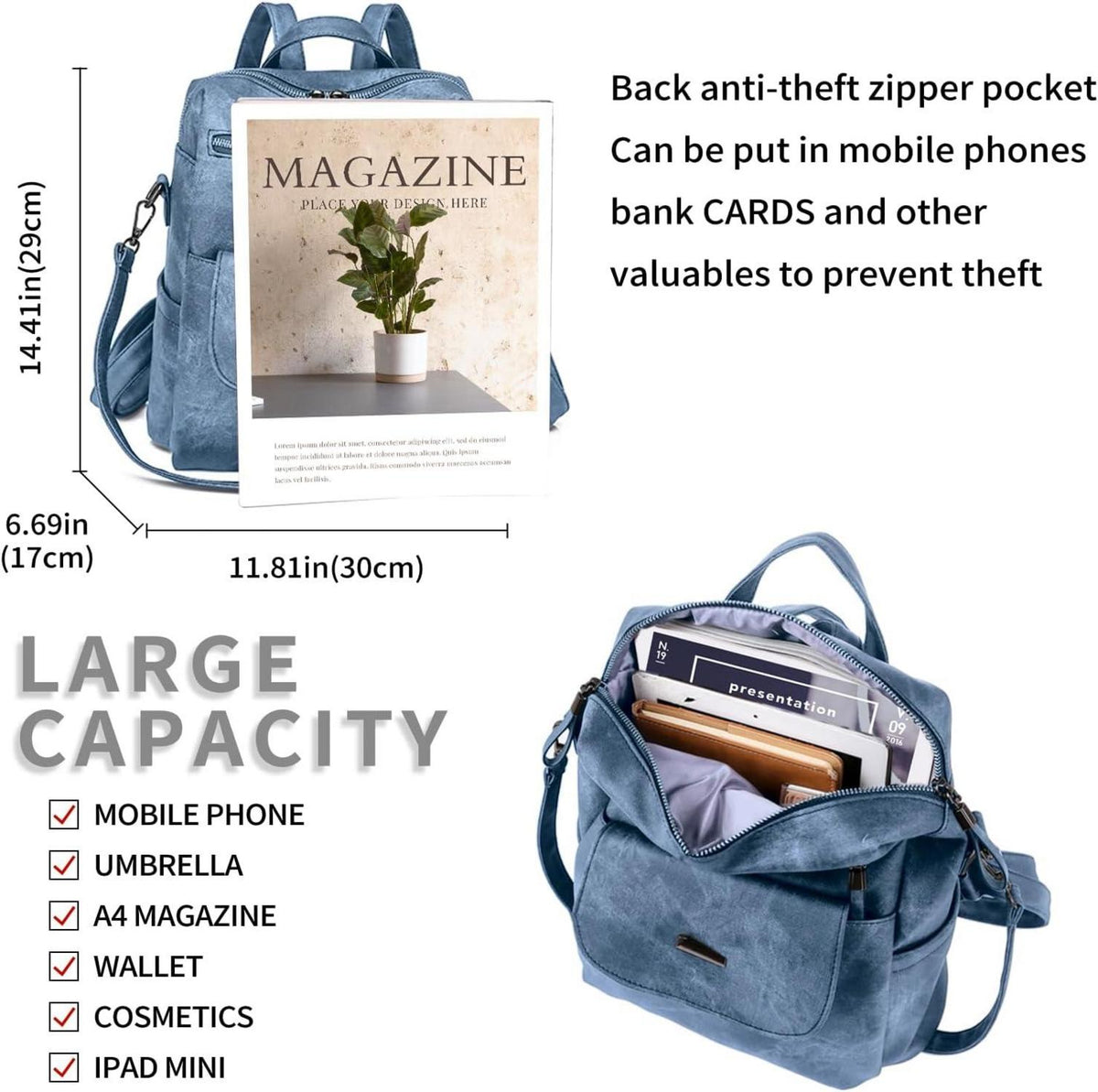 Frauen Rucksack Wasserdicht Leichtgewicht Anti-Diebstahl PU Mode