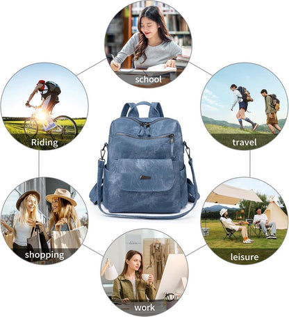 Frauen Rucksack Wasserdicht Anti-Diebstahl Leicht PU Mode Blau