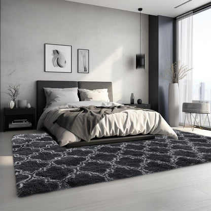 Grauer Hochflor Teppich 240x340 – Waschbar & Rutschfest für Wohnzimmer