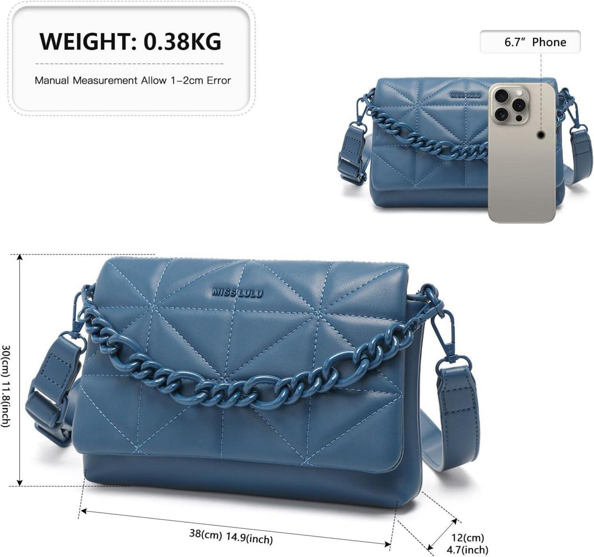 Umhängetasche für Frauen Gesteppte Handtasche mit breitem Riemen