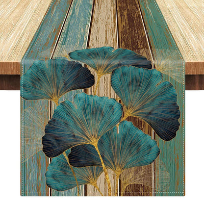 Tischläufer Grün 33x183cm Leinenoptik Landhausstil Blätter Ginkgo