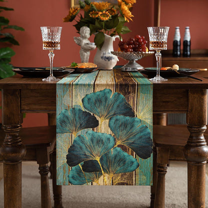 Tischläufer Grün 33x183cm Leinenoptik Landhausstil Blätter Ginkgo
