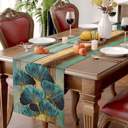 Tischläufer Grün 33x183cm Leinenoptik Landhausstil Blätter Ginkgo
