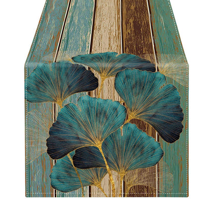 Tischläufer Grün 33x183cm Leinenoptik Landhausstil Blätter Ginkgo